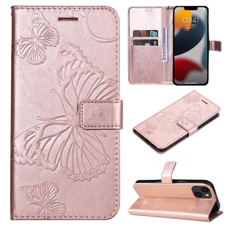 Embossing 3D Butterfly Leather Wallet Case for iPhone 14 Plus (6.7 inch) - Rose Gold