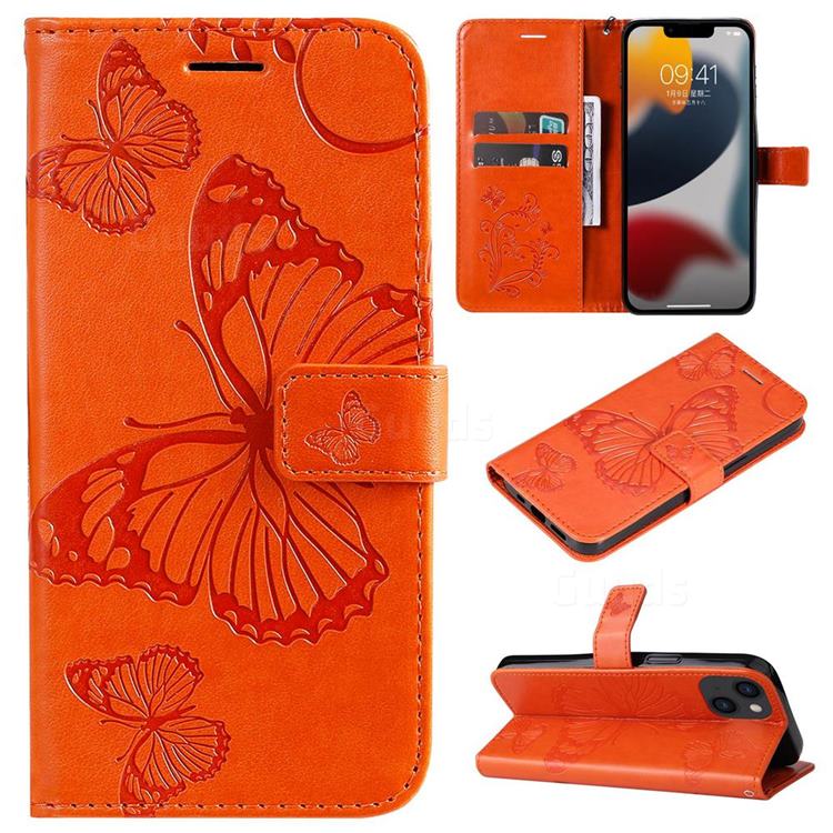 Embossing 3D Butterfly Leather Wallet Case for iPhone 14 Plus (6.7 inch) - Orange
