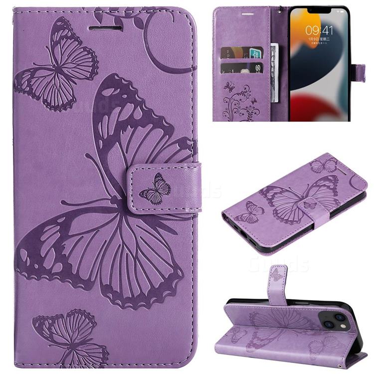 Embossing 3D Butterfly Leather Wallet Case for iPhone 14 Plus (6.7 inch) - Purple