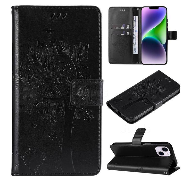Embossing Butterfly Tree Leather Wallet Case for iPhone 14 Plus (6.7 inch) - Black