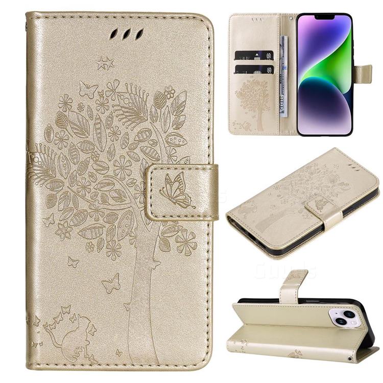 Embossing Butterfly Tree Leather Wallet Case for iPhone 14 Plus (6.7 inch) - Champagne