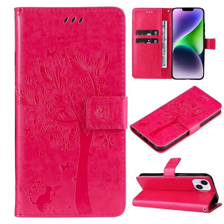 Embossing Butterfly Tree Leather Wallet Case for iPhone 14 Plus (6.7 inch) - Rose