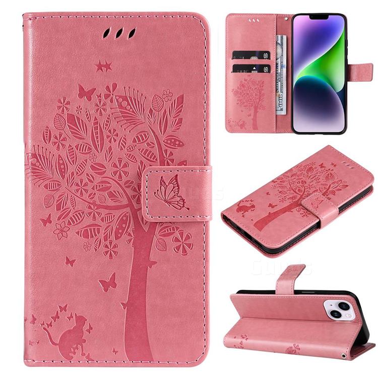 Embossing Butterfly Tree Leather Wallet Case for iPhone 14 Plus (6.7 inch) - Pink