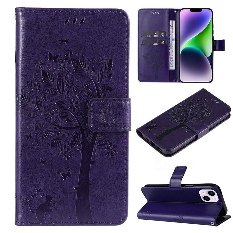 Embossing Butterfly Tree Leather Wallet Case for iPhone 14 Plus (6.7 inch) - Purple