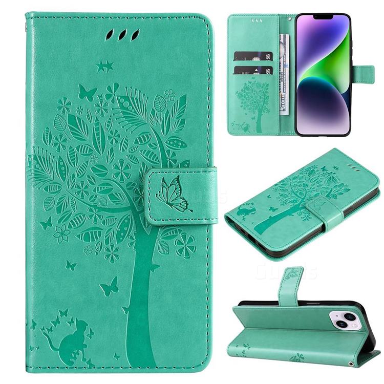 Embossing Butterfly Tree Leather Wallet Case for iPhone 14 Plus (6.7 inch) - Cyan