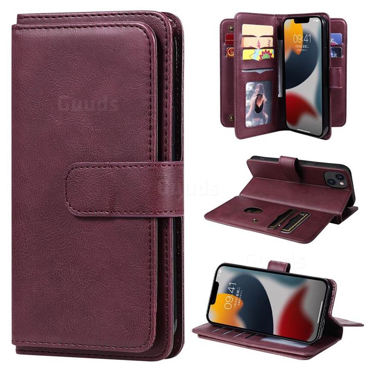 Multi-function Ten Card Slots and Photo Frame PU Leather Wallet Phone Case Cover for iPhone 14 Plus (6.7 inch) - Claret