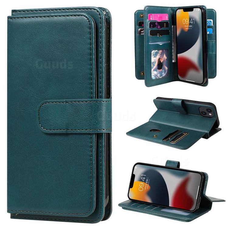 Multi-function Ten Card Slots and Photo Frame PU Leather Wallet Phone Case Cover for iPhone 14 Plus (6.7 inch) - Dark Green