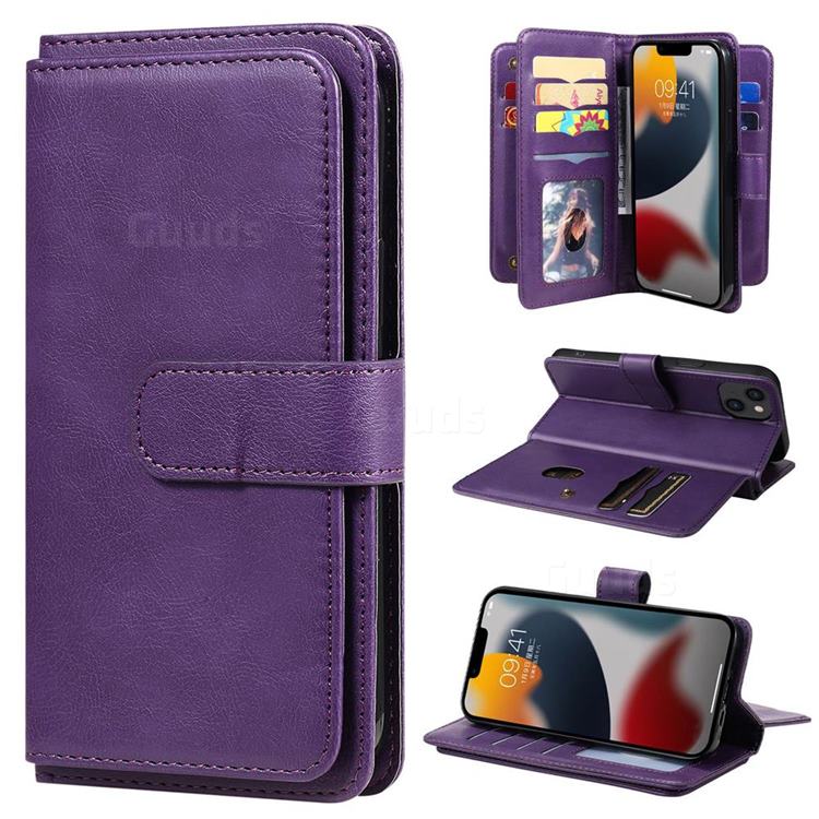 Multi-function Ten Card Slots and Photo Frame PU Leather Wallet Phone Case Cover for iPhone 14 Plus (6.7 inch) - Violet