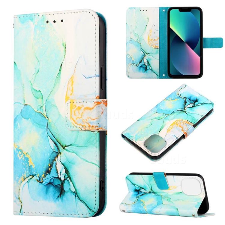 Green Illusion Marble Leather Wallet Protective Case for iPhone 14 Plus (6.7 inch)
