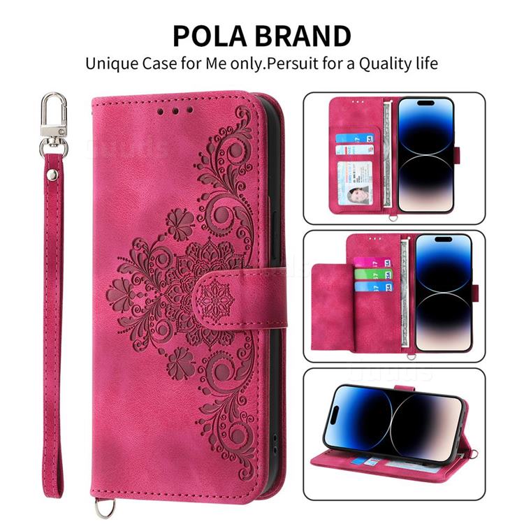 Skin Feel Embossed Lace Flower Multiple Card Slots Leather Wallet Phone Case for iPhone 14 Plus (6.7 inch) - Claret Red