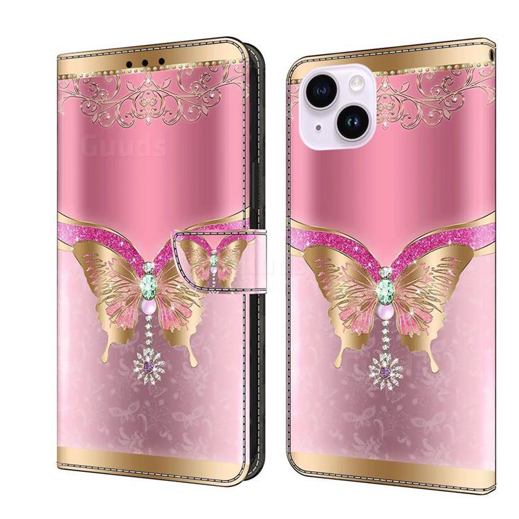 Pink Diamond Butterfly Crystal PU Leather Protective Wallet Case Cover for iPhone 14 Plus (6.7 inch)