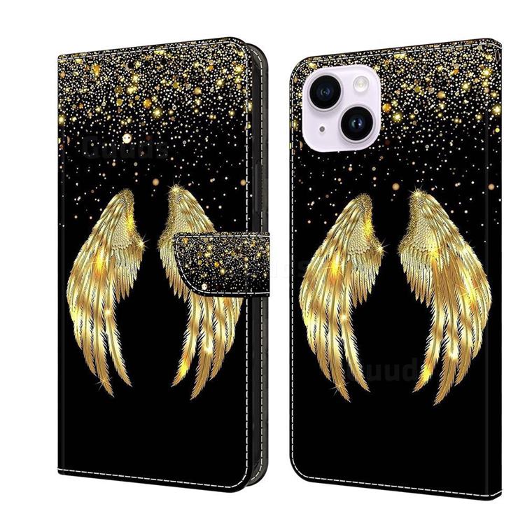 Golden Angel Wings Crystal PU Leather Protective Wallet Case Cover for iPhone 14 Plus (6.7 inch)