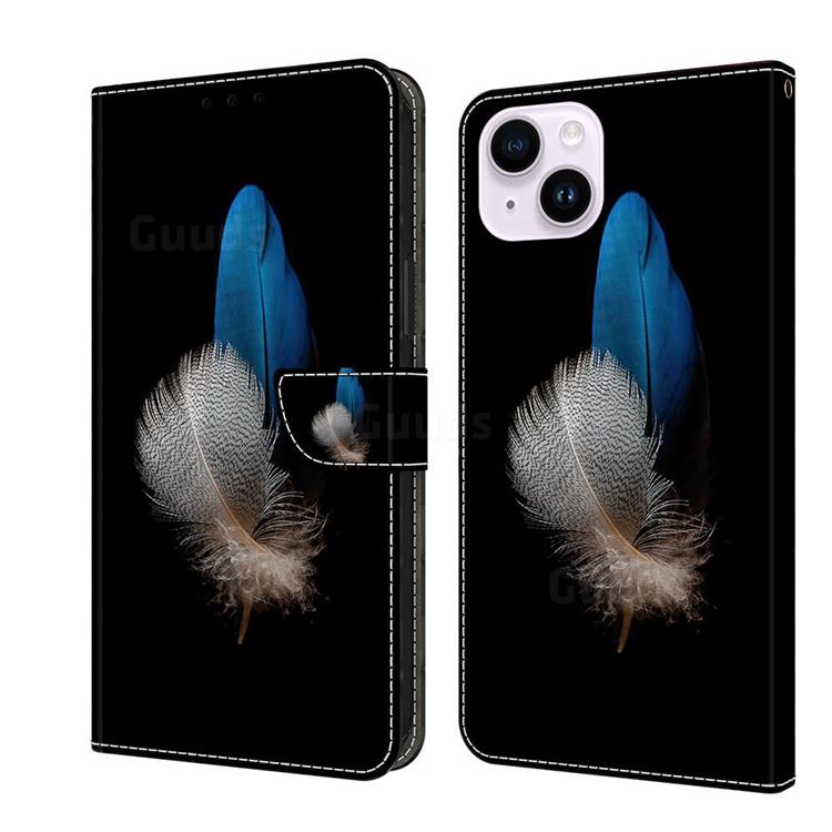 White Blue Feathers Crystal PU Leather Protective Wallet Case Cover for iPhone 14 Plus (6.7 inch)