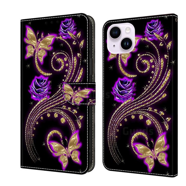 Purple Flower Butterfly Crystal PU Leather Protective Wallet Case Cover for iPhone 14 Plus (6.7 inch)