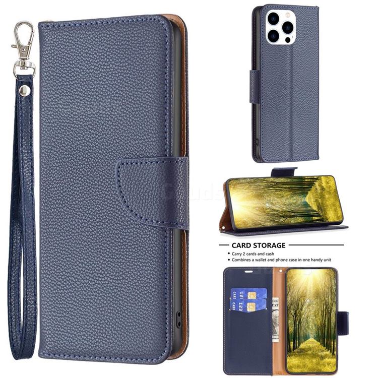 Classic Luxury Litchi Leather Phone Wallet Case for iPhone 14 Pro (6.1 inch) - Blue