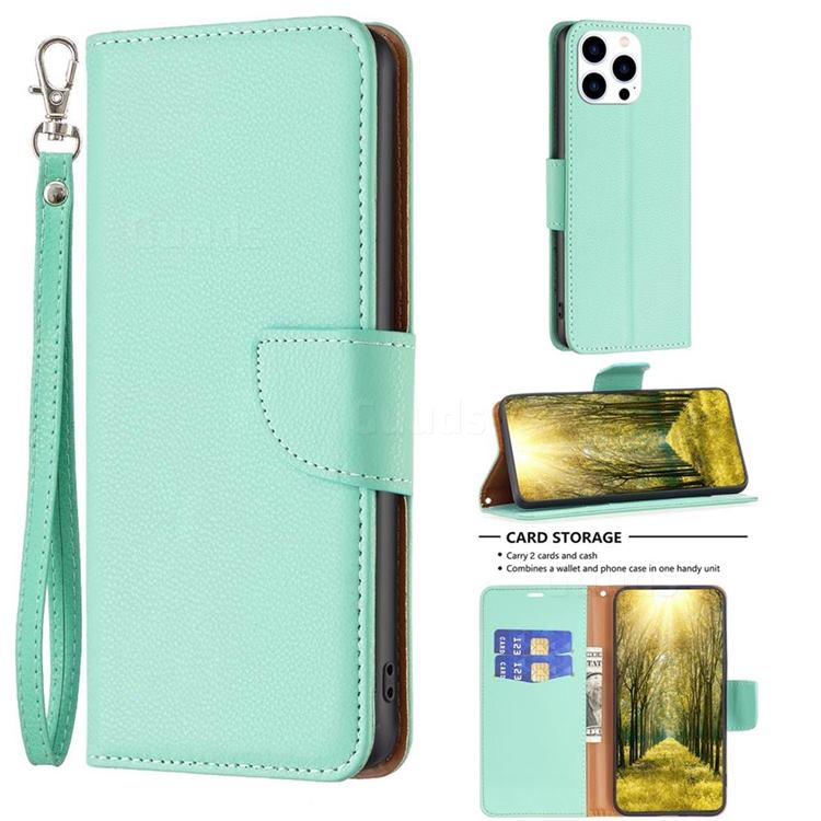 Classic Luxury Litchi Leather Phone Wallet Case for iPhone 14 Pro (6.1 inch) - Green