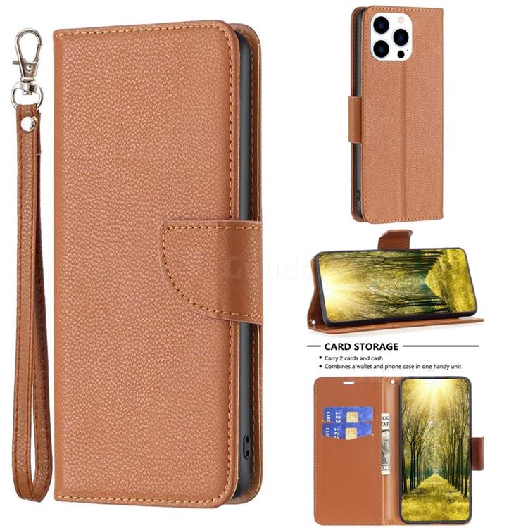 Classic Luxury Litchi Leather Phone Wallet Case for iPhone 14 Pro (6.1 inch) - Brown