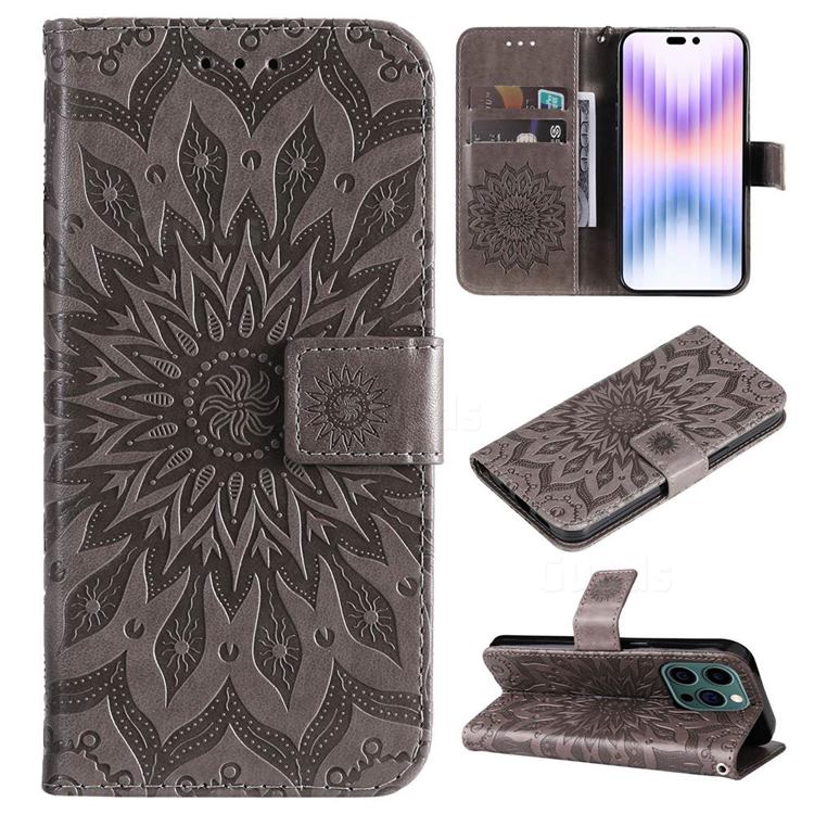 Embossing Sunflower Leather Wallet Case for iPhone 14 Pro (6.1 inch) - Gray