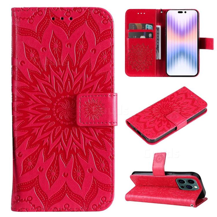 Embossing Sunflower Leather Wallet Case for iPhone 14 Pro (6.1 inch) - Red