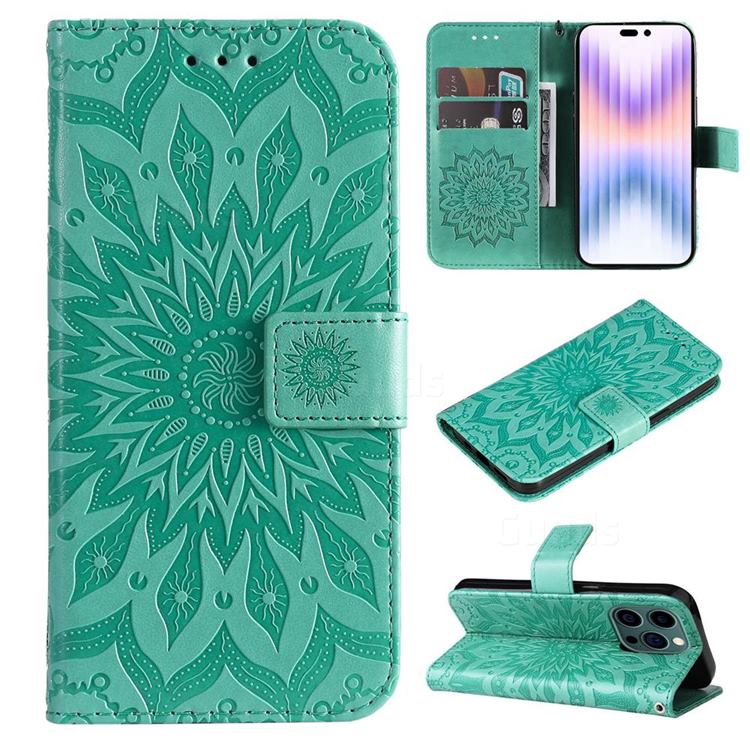 Embossing Sunflower Leather Wallet Case for iPhone 14 Pro (6.1 inch) - Green