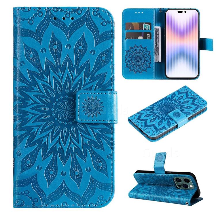 Embossing Sunflower Leather Wallet Case for iPhone 14 Pro (6.1 inch) - Blue