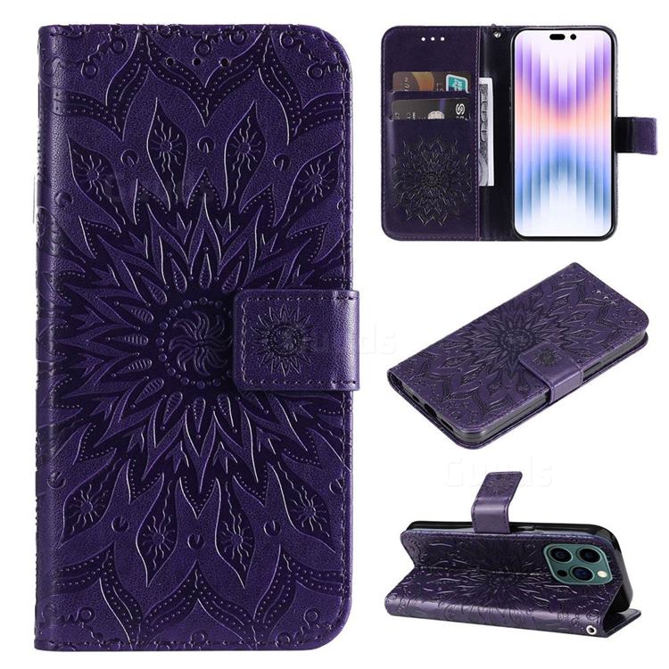 Embossing Sunflower Leather Wallet Case for iPhone 14 Pro (6.1 inch) - Purple
