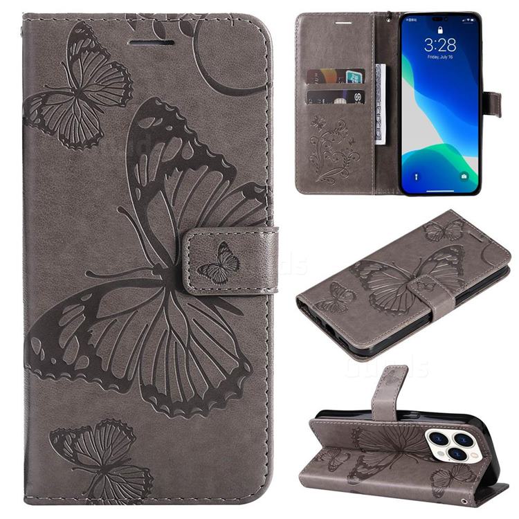 Embossing 3D Butterfly Leather Wallet Case for iPhone 14 Pro (6.1 inch) - Gray