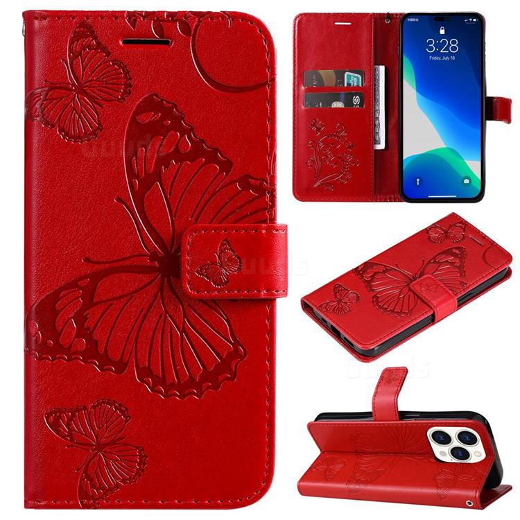 Embossing 3D Butterfly Leather Wallet Case for iPhone 14 Pro (6.1 inch) - Red