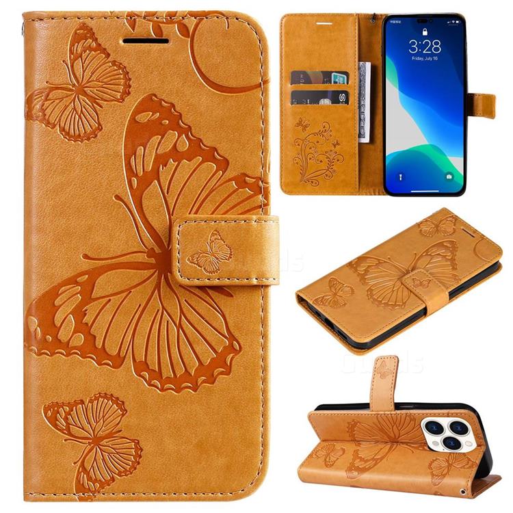 Embossing 3D Butterfly Leather Wallet Case for iPhone 14 Pro (6.1 inch) - Yellow