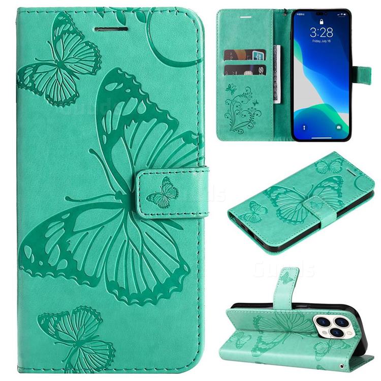 Embossing 3D Butterfly Leather Wallet Case for iPhone 14 Pro (6.1 inch) - Green