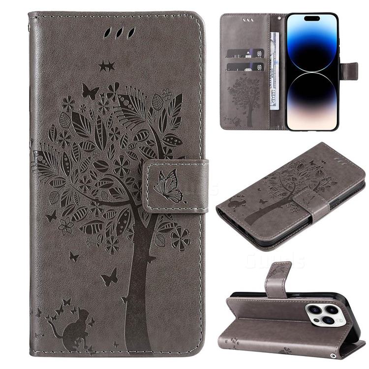Embossing Butterfly Tree Leather Wallet Case for iPhone 14 Pro (6.1 inch) - Grey