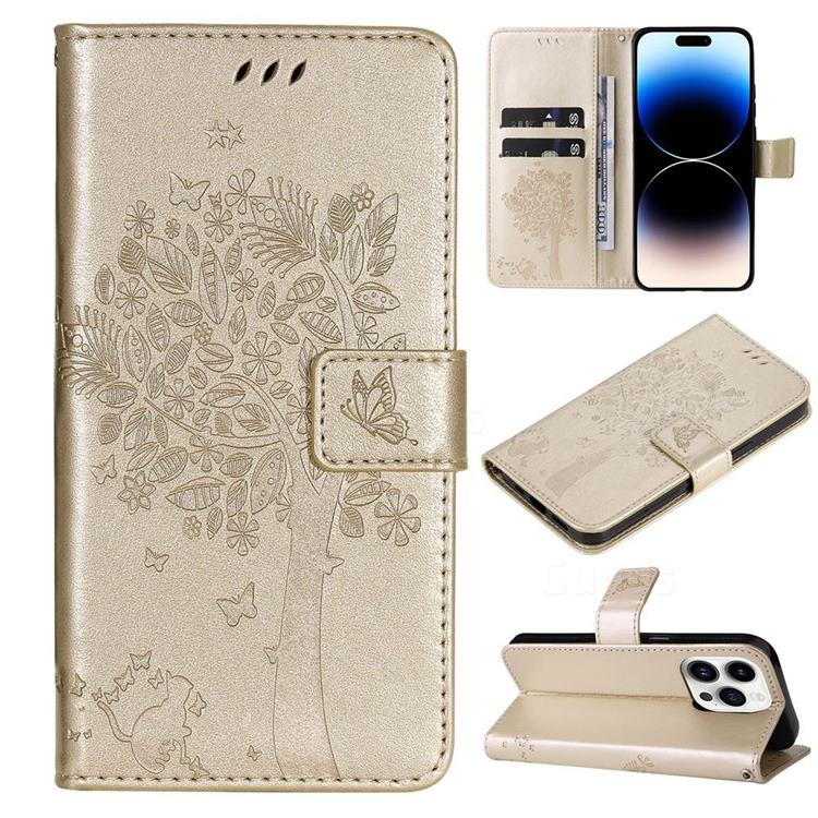 Embossing Butterfly Tree Leather Wallet Case for iPhone 14 Pro (6.1 inch) - Champagne
