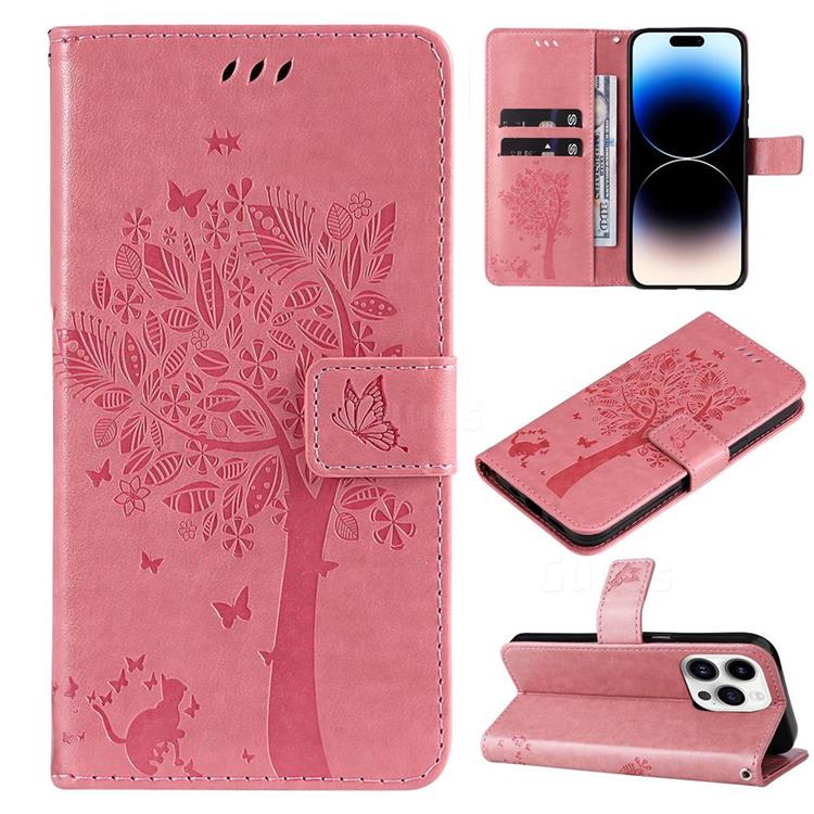 Embossing Butterfly Tree Leather Wallet Case for iPhone 14 Pro (6.1 inch) - Pink