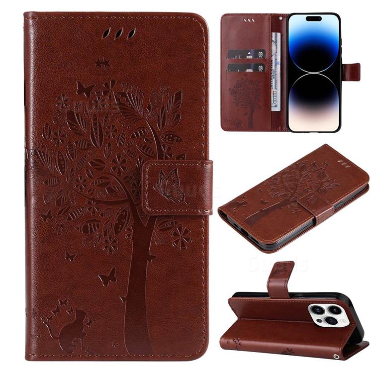 Embossing Butterfly Tree Leather Wallet Case for iPhone 14 Pro (6.1 inch) - Coffee