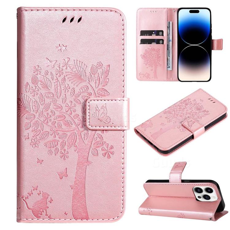 Embossing Butterfly Tree Leather Wallet Case for iPhone 14 Pro (6.1 inch) - Rose Pink