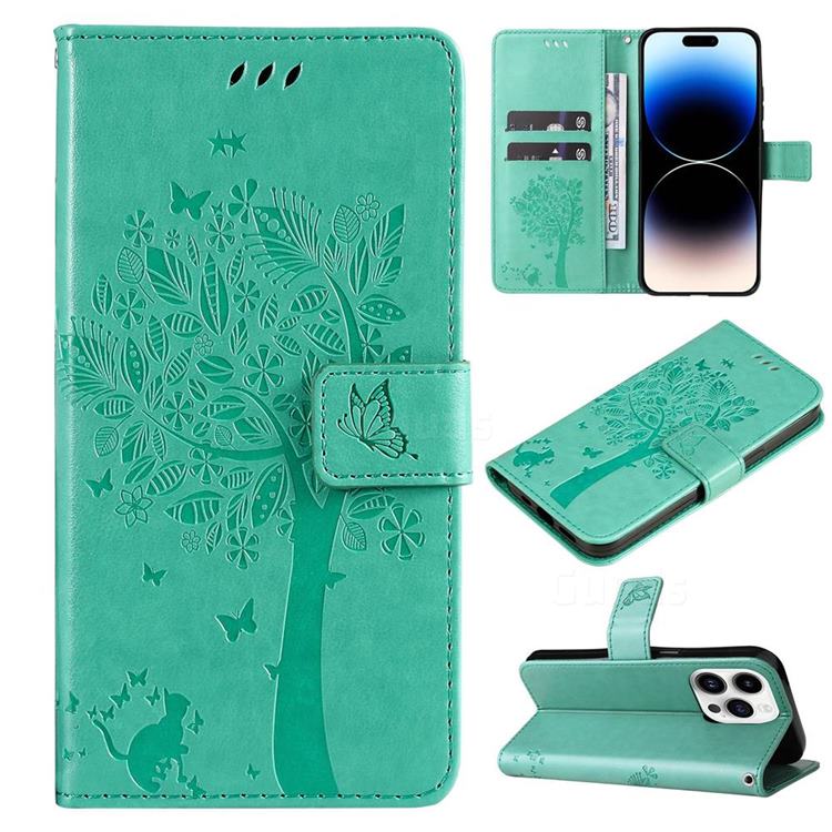 Embossing Butterfly Tree Leather Wallet Case for iPhone 14 Pro (6.1 inch) - Cyan