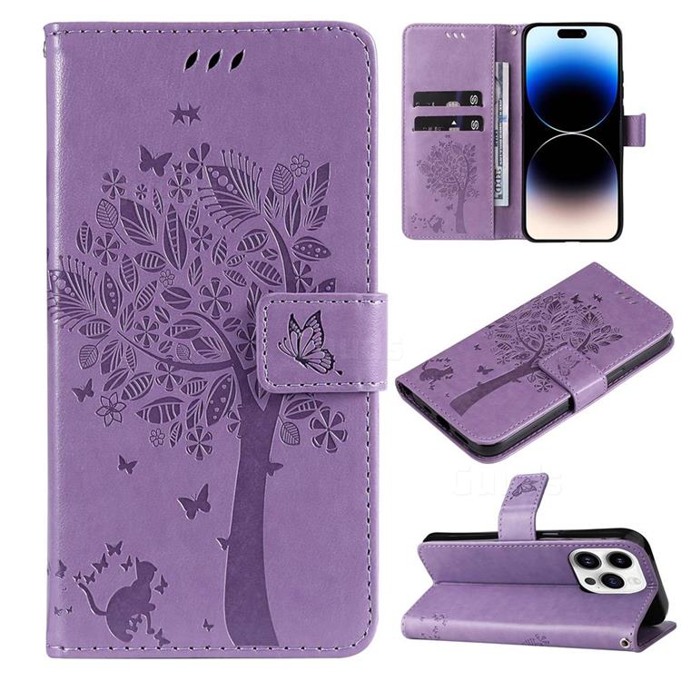 Embossing Butterfly Tree Leather Wallet Case for iPhone 14 Pro (6.1 inch) - Violet