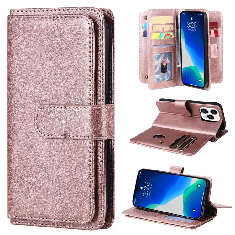 Multi-function Ten Card Slots and Photo Frame PU Leather Wallet Phone Case Cover for iPhone 14 Pro (6.1 inch) - Rose Gold