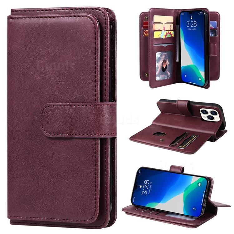 Multi-function Ten Card Slots and Photo Frame PU Leather Wallet Phone Case Cover for iPhone 14 Pro (6.1 inch) - Claret