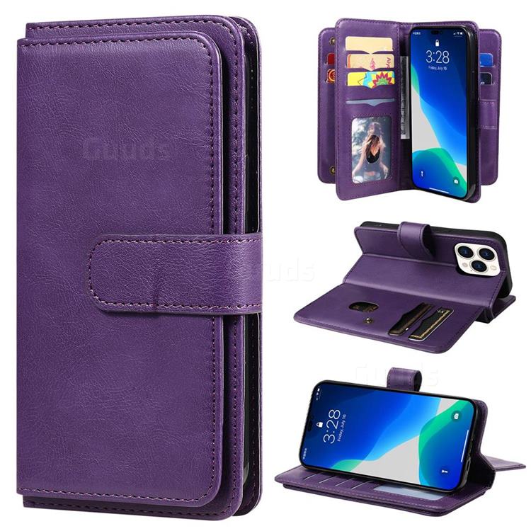 Multi-function Ten Card Slots and Photo Frame PU Leather Wallet Phone Case Cover for iPhone 14 Pro (6.1 inch) - Violet