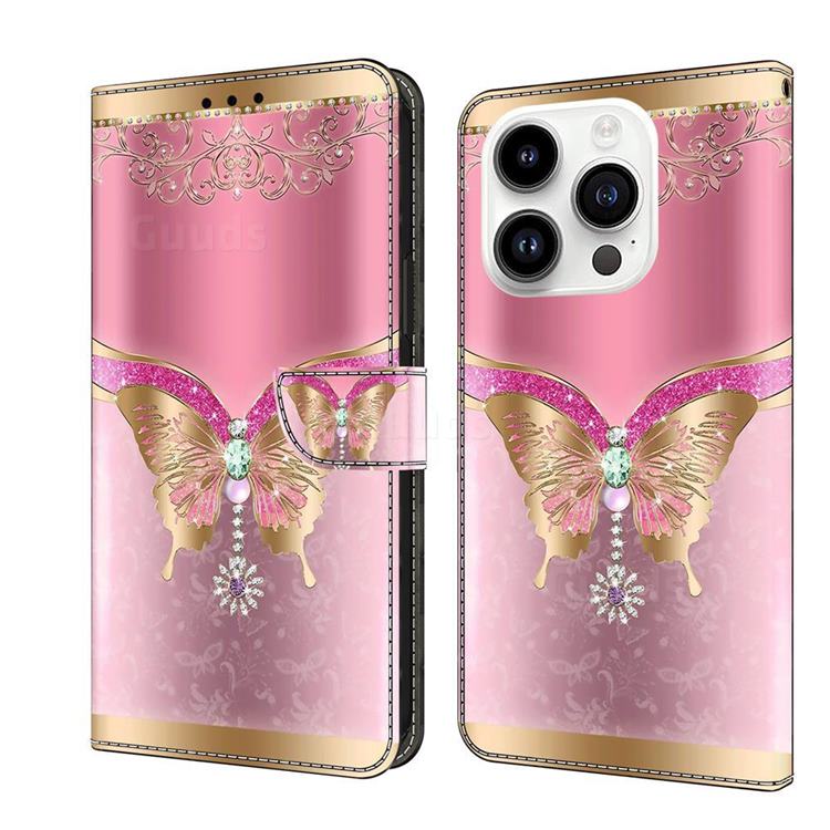 Pink Diamond Butterfly Crystal PU Leather Protective Wallet Case Cover for iPhone 14 Pro (6.1 inch)