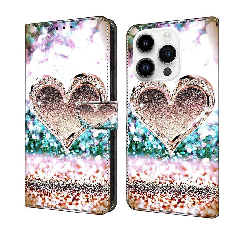Pink Diamond Heart Crystal PU Leather Protective Wallet Case Cover for iPhone 14 Pro (6.1 inch)