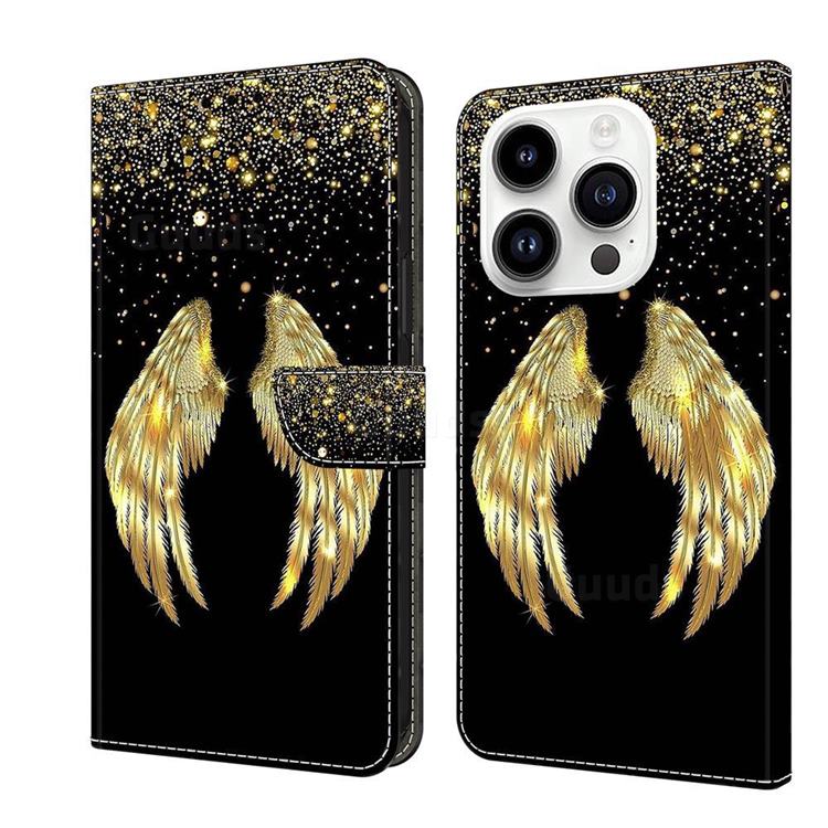 Golden Angel Wings Crystal PU Leather Protective Wallet Case Cover for iPhone 14 Pro (6.1 inch)