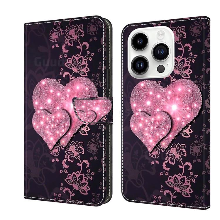 Lace Heart Crystal PU Leather Protective Wallet Case Cover for iPhone 14 Pro (6.1 inch)