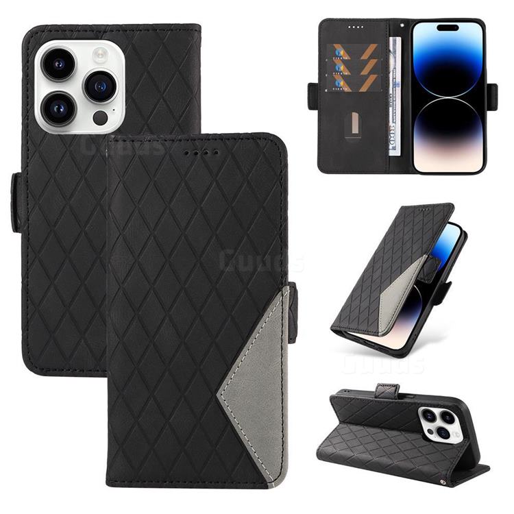 Grid Pattern Splicing Protective Wallet Case Cover for iPhone 14 Pro (6.1 inch) - Black