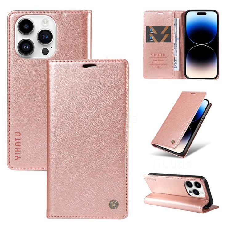 YIKATU Litchi Card Magnetic Automatic Suction Leather Flip Cover for iPhone 14 Pro (6.1 inch) - Rose Gold