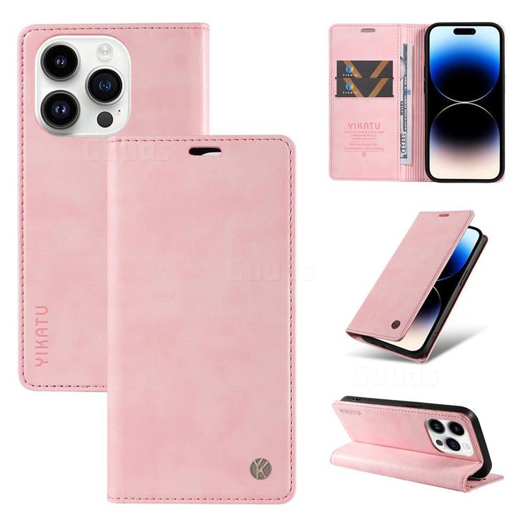 YIKATU Litchi Card Magnetic Automatic Suction Leather Flip Cover for iPhone 14 Pro (6.1 inch) - Pink