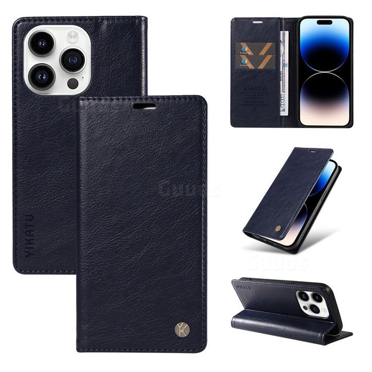 YIKATU Litchi Card Magnetic Automatic Suction Leather Flip Cover for iPhone 14 Pro (6.1 inch) - Navy Blue