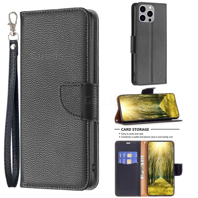 Classic Luxury Litchi Leather Phone Wallet Case for iPhone 14 Pro Max (6.7 inch) - Black