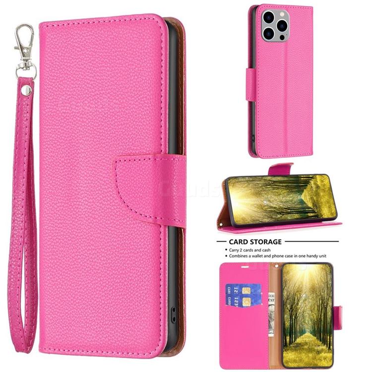 Classic Luxury Litchi Leather Phone Wallet Case for iPhone 14 Pro Max (6.7 inch) - Rose